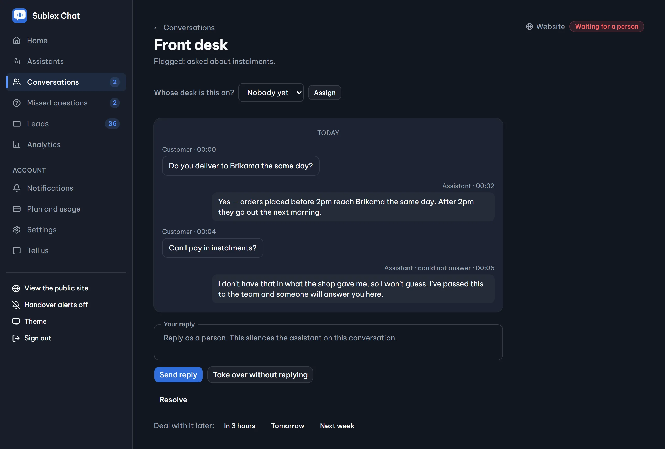 A conversation where the assistant declined to answer, with the controls a member of staff uses to take it over.