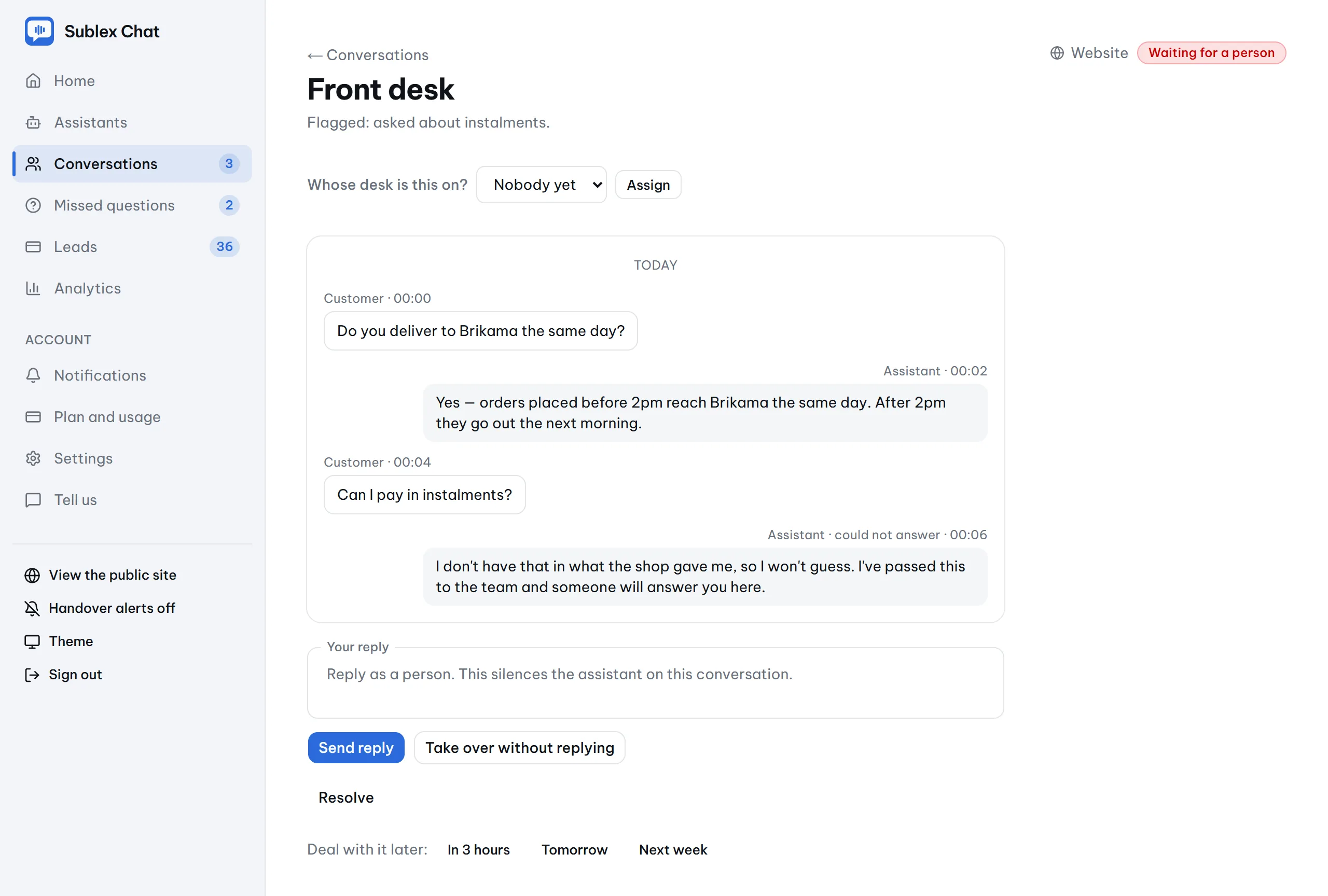 A conversation where the assistant declined to answer, with the controls a member of staff uses to take it over.