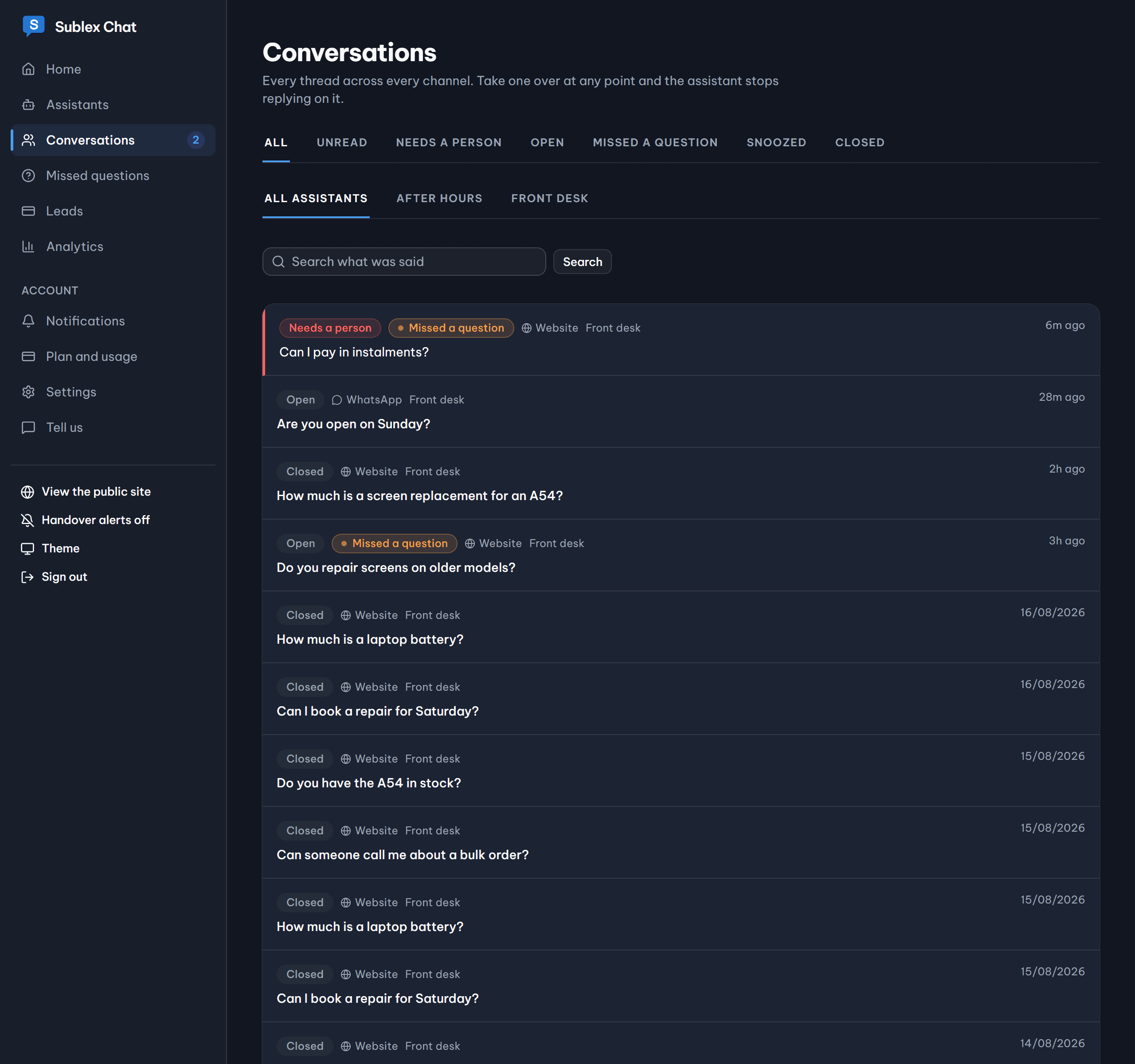 The conversations inbox, showing threads with their status.