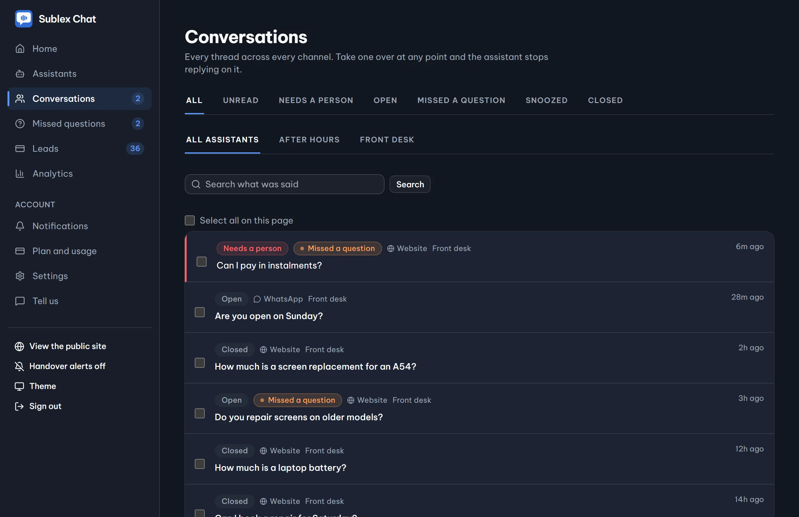 The conversations inbox, showing threads with their status.