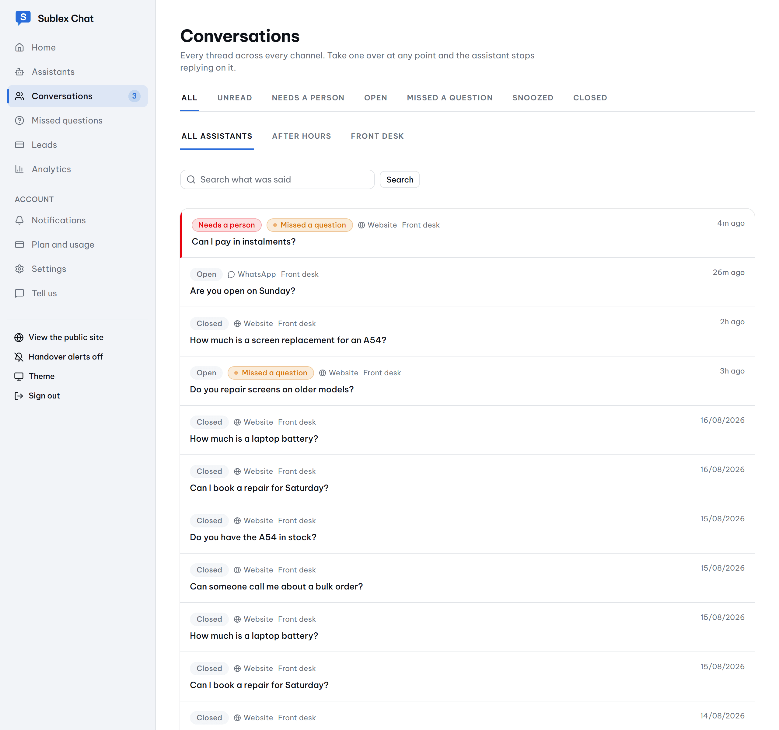 The conversations inbox, showing threads with their status.