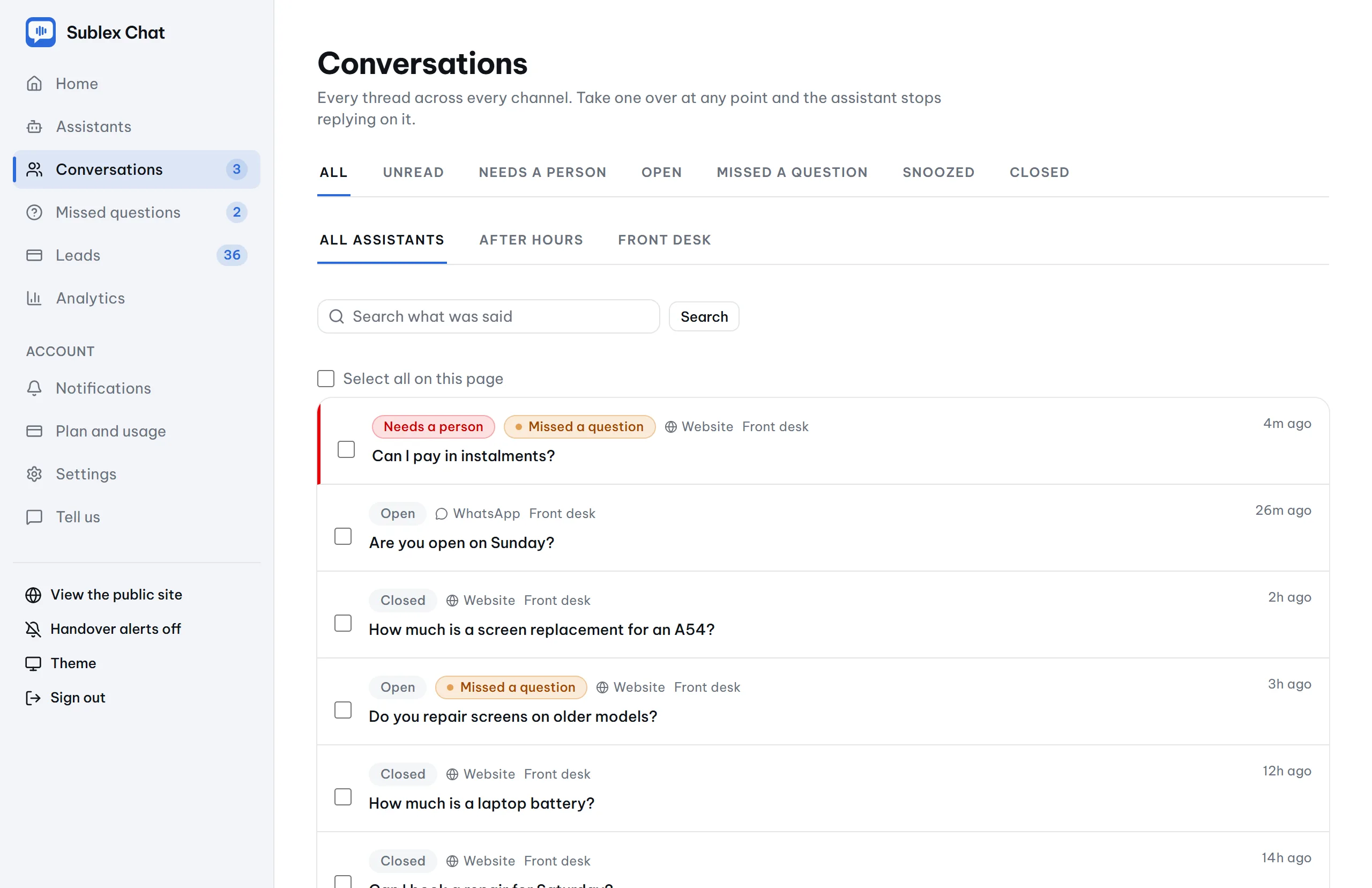 The conversations inbox, showing threads with their status.