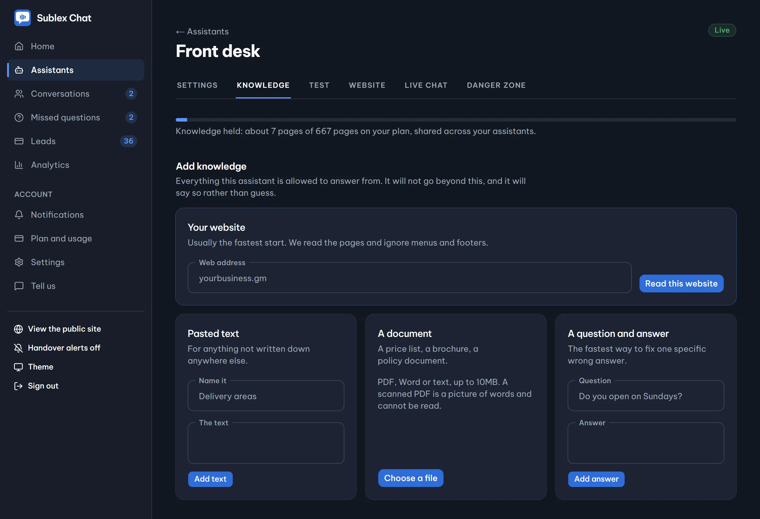 The knowledge screen: a meter of pages held against the plan, and the four ways of adding knowledge, from a website crawl to a question and answer pair.