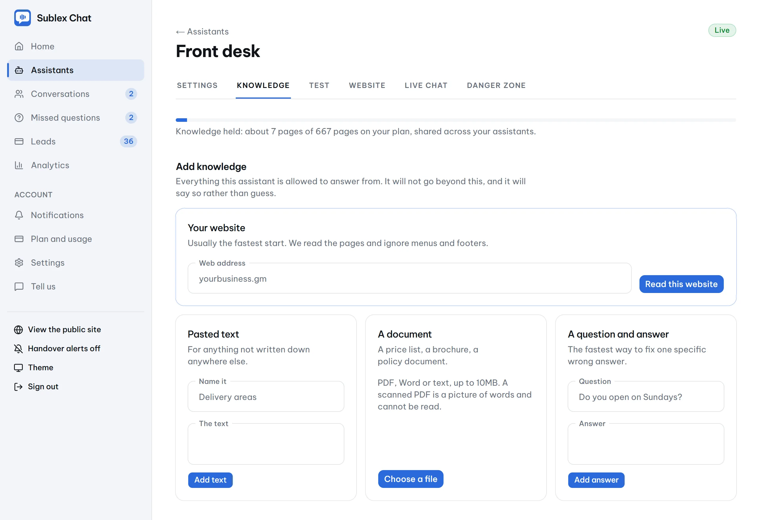 The knowledge screen: a meter of pages held against the plan, and the four ways of adding knowledge, from a website crawl to a question and answer pair.