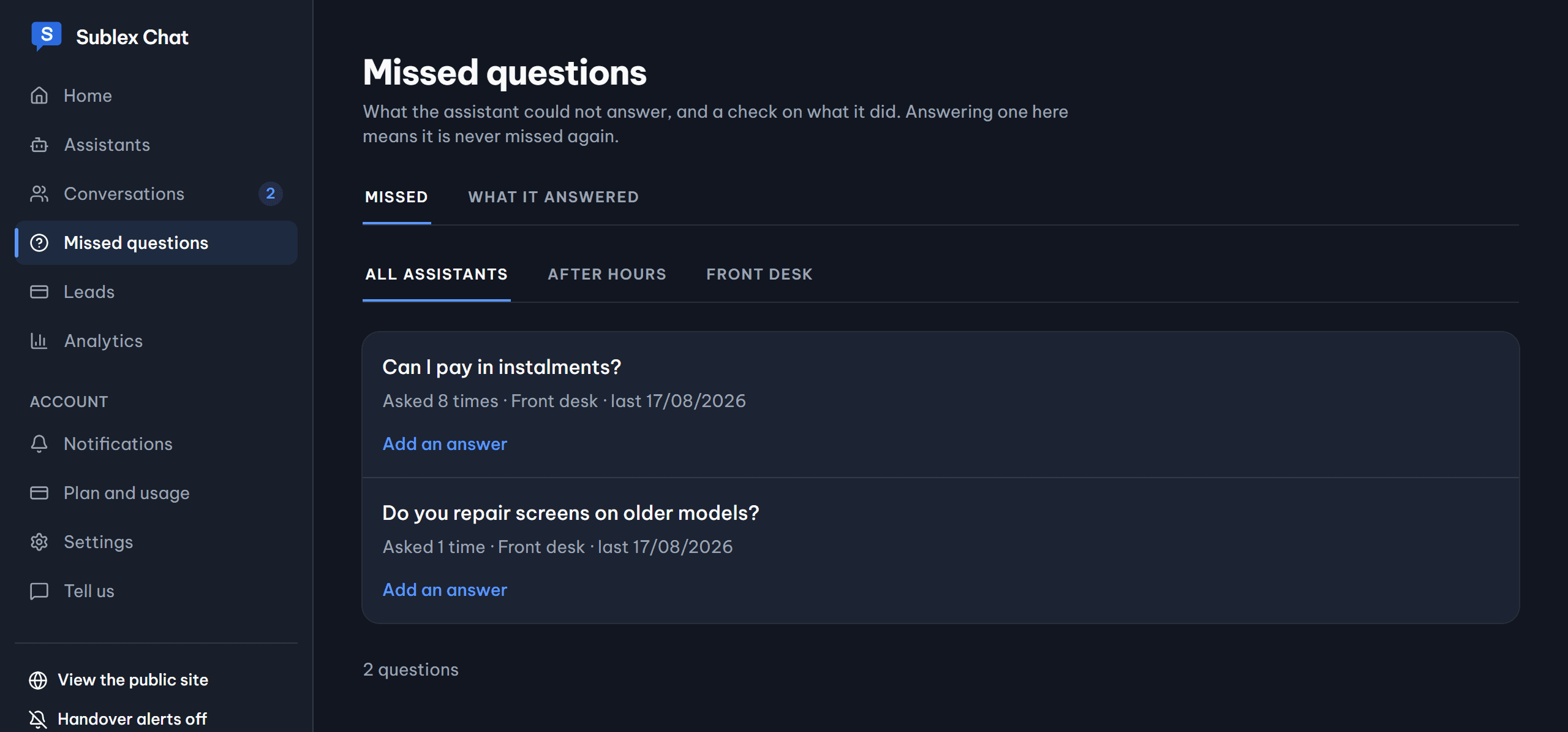 The missed questions screen, where an answer typed inline becomes knowledge the assistant uses from then on.