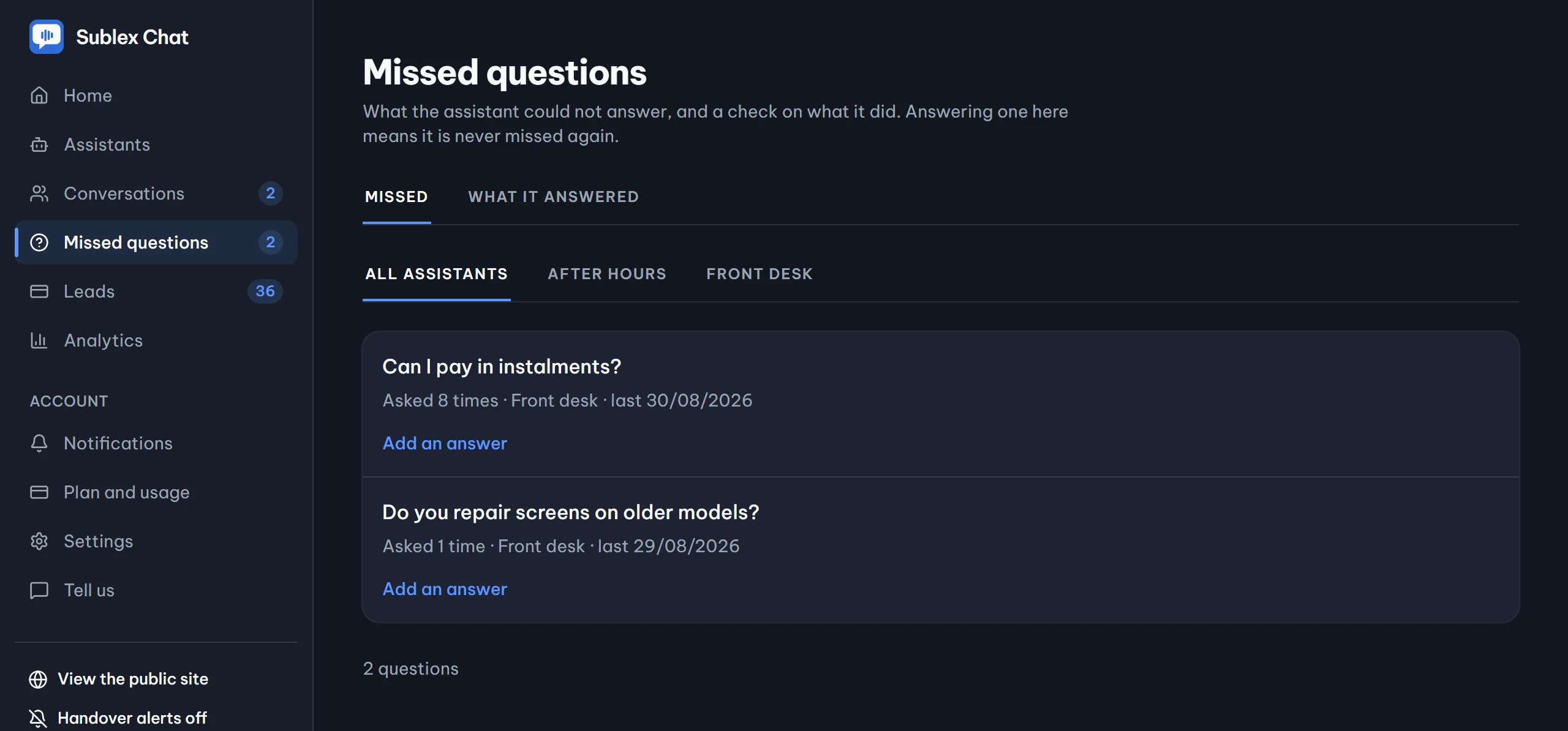 The missed questions screen, where an answer typed inline becomes knowledge the assistant uses from then on.