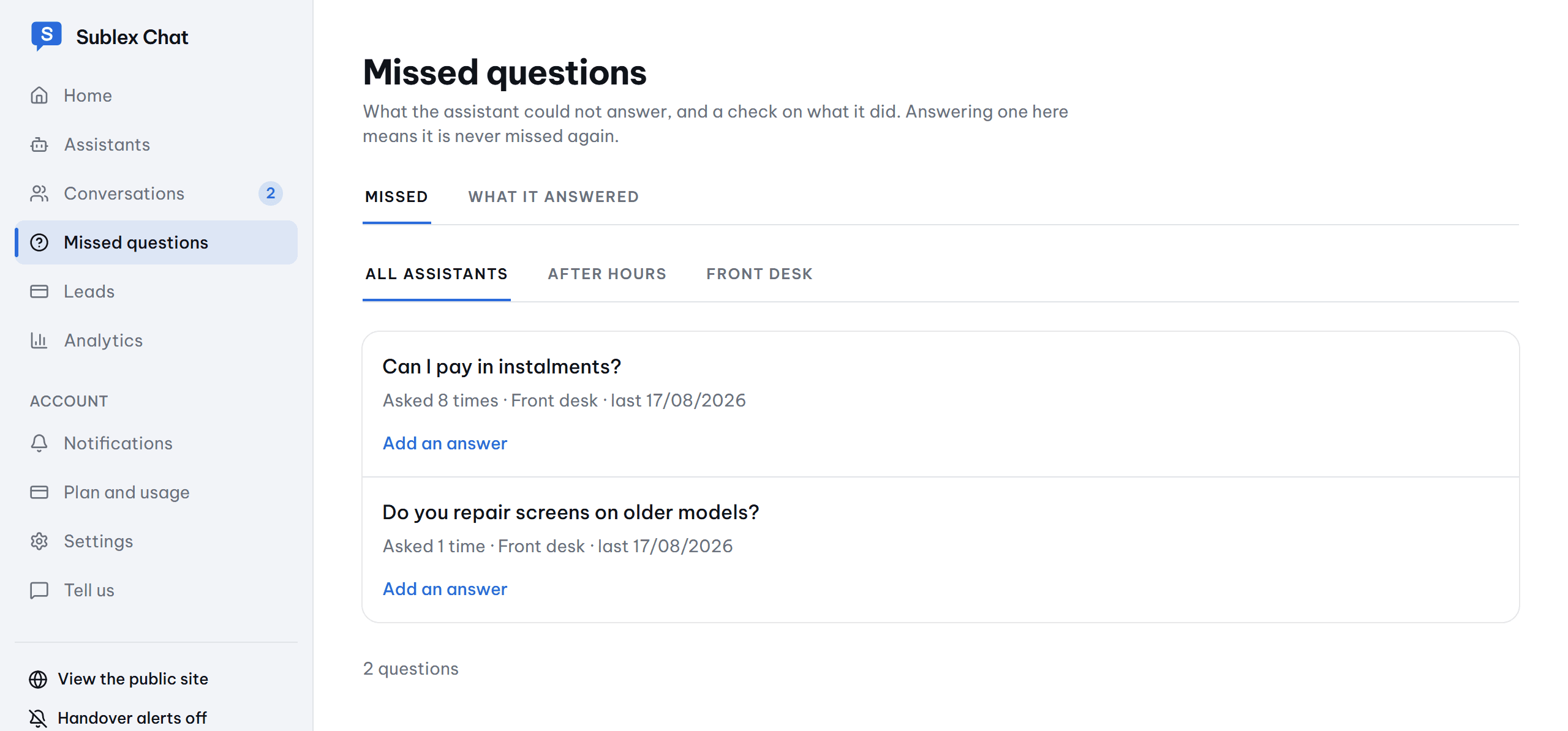 The missed questions screen, where an answer typed inline becomes knowledge the assistant uses from then on.
