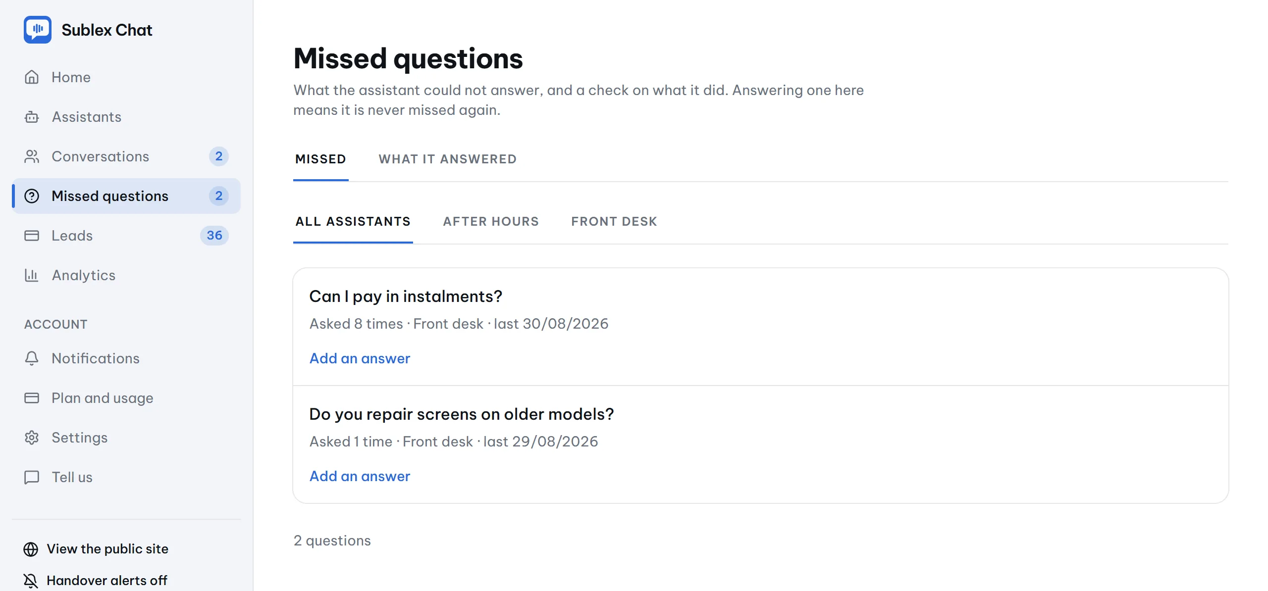 The missed questions screen, where an answer typed inline becomes knowledge the assistant uses from then on.
