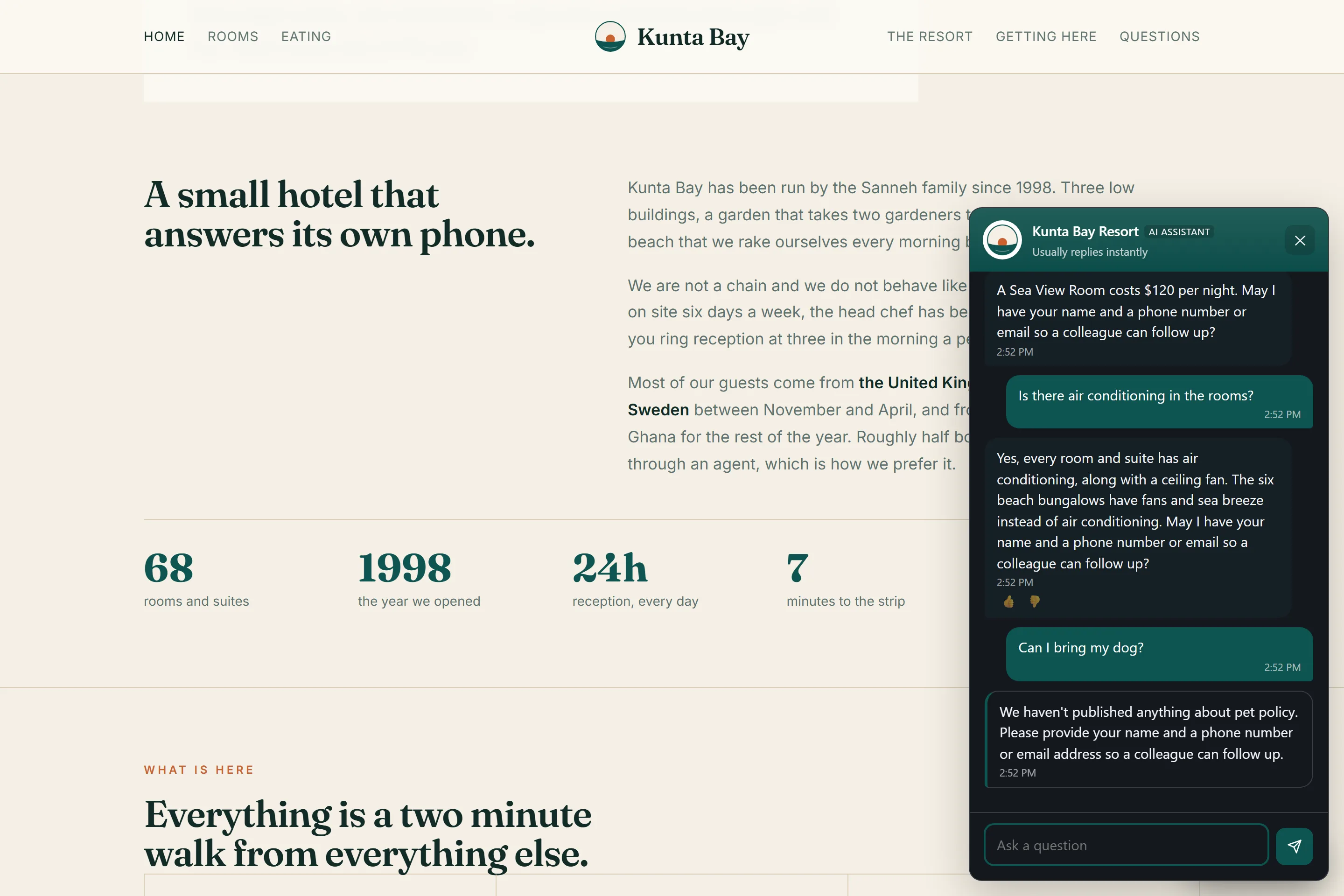 The chat widget open on a hotel's website in the hotel's own colour: a guest is told a Sea View Room is $120 a night; asks about air conditioning and is told every room and suite has it, but the six beach bungalows have fans and sea breeze instead; then asks about bringing a dog, which the site does not cover, and the assistant says it does not have that and offers to take a message.