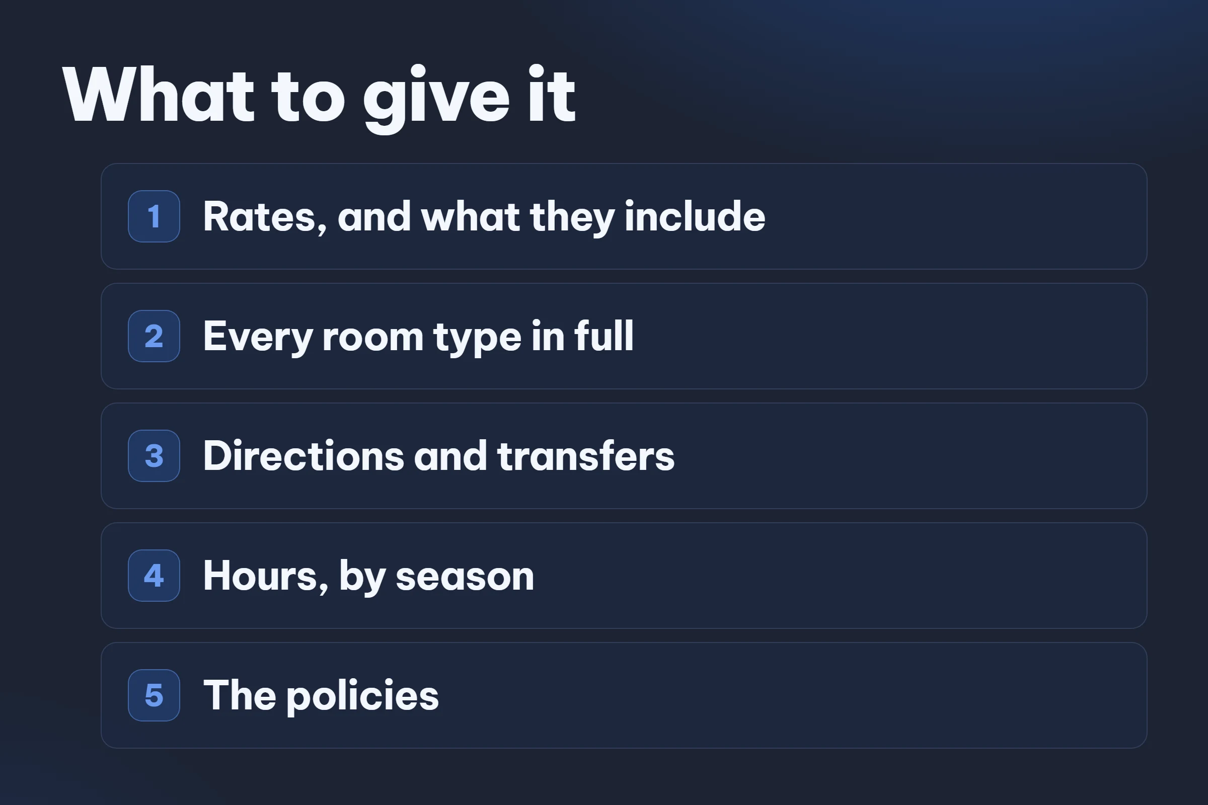 What to give it: rates and what they include, every room type in full, directions and transfers, opening hours by season, and the policies.