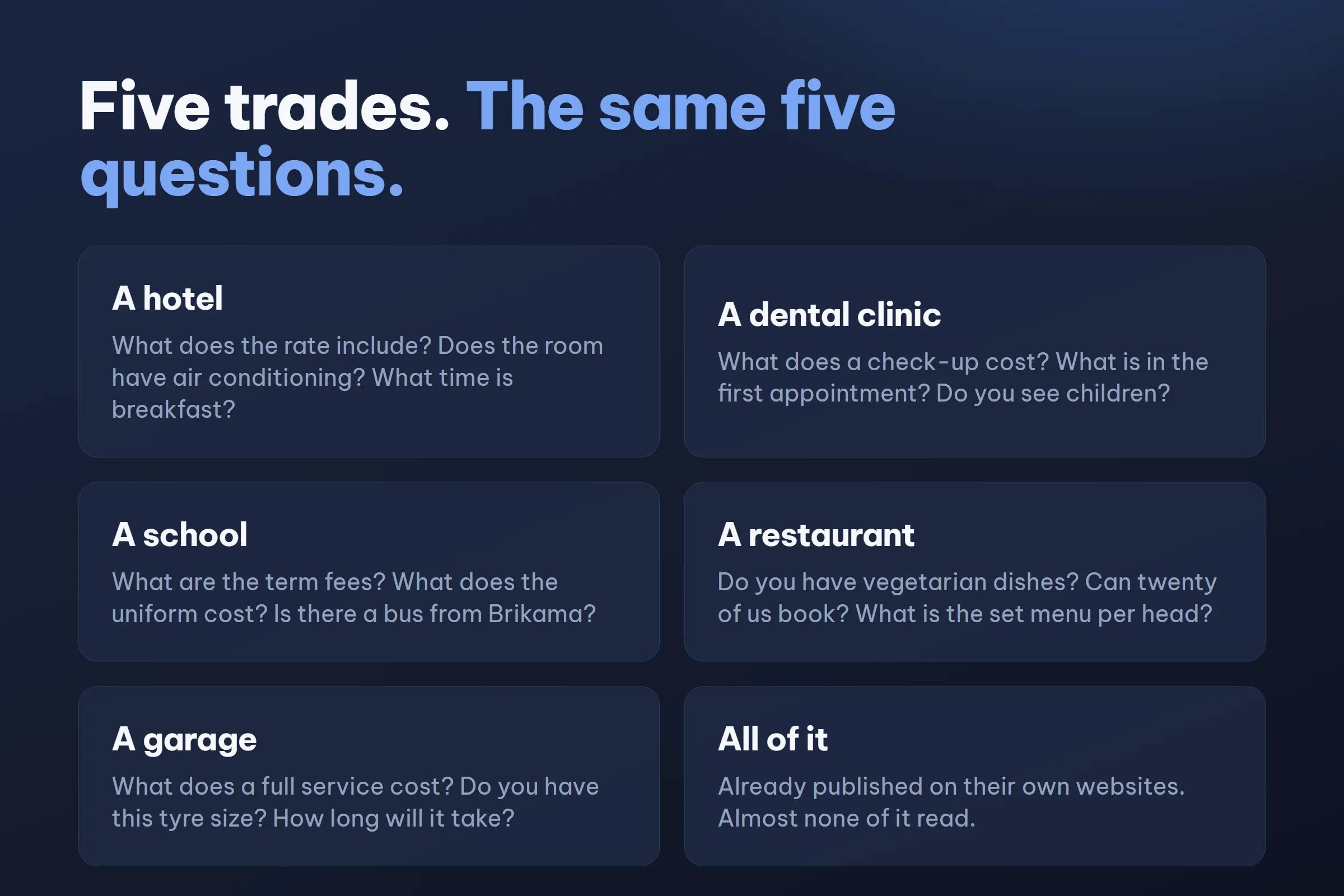 Five businesses, five assistants, each answering from its own website with its own prices.