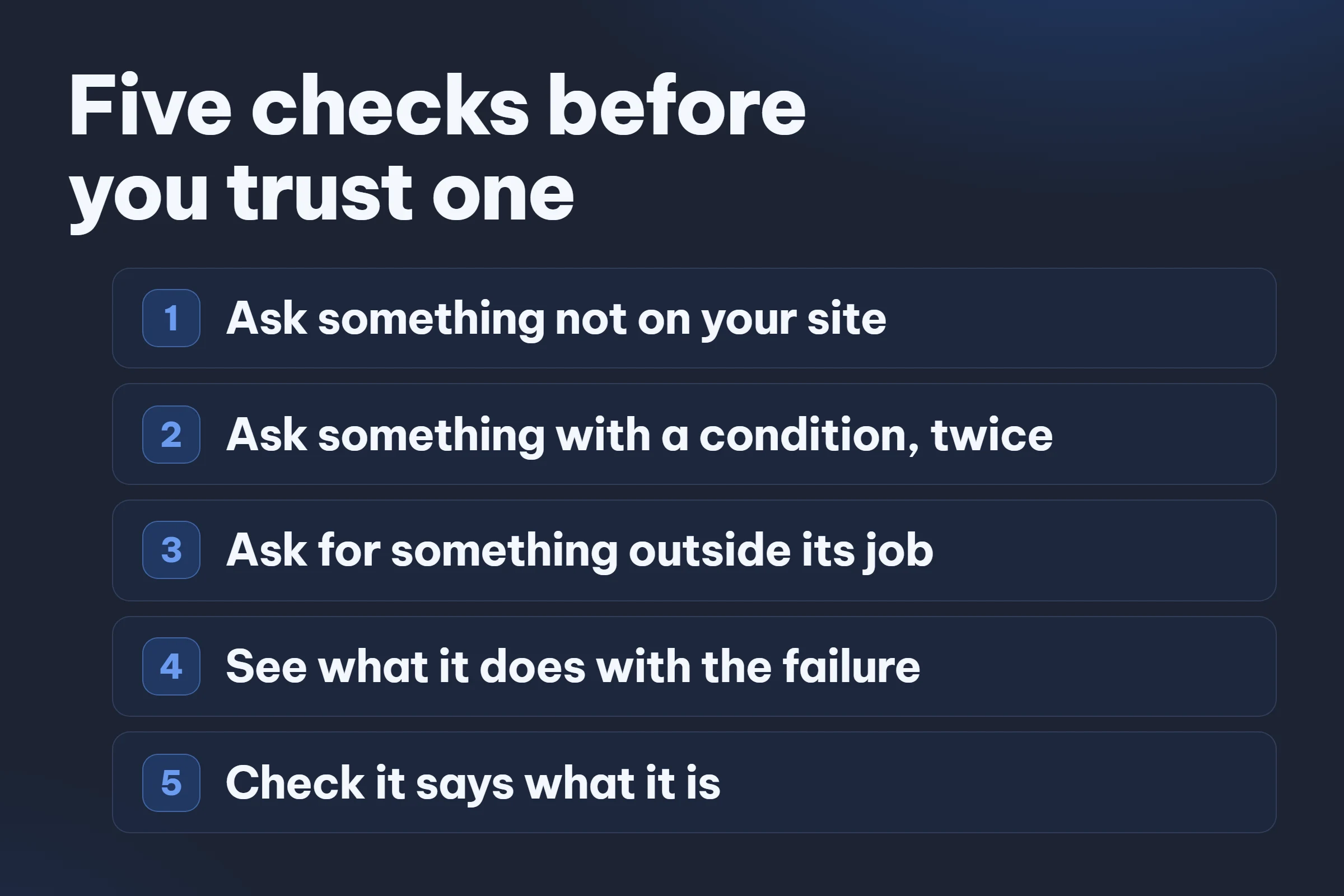 Five checks: ask something not on your site, ask something with a condition, ask for something outside its job, look at what it does with the failure, and check it says what it is.